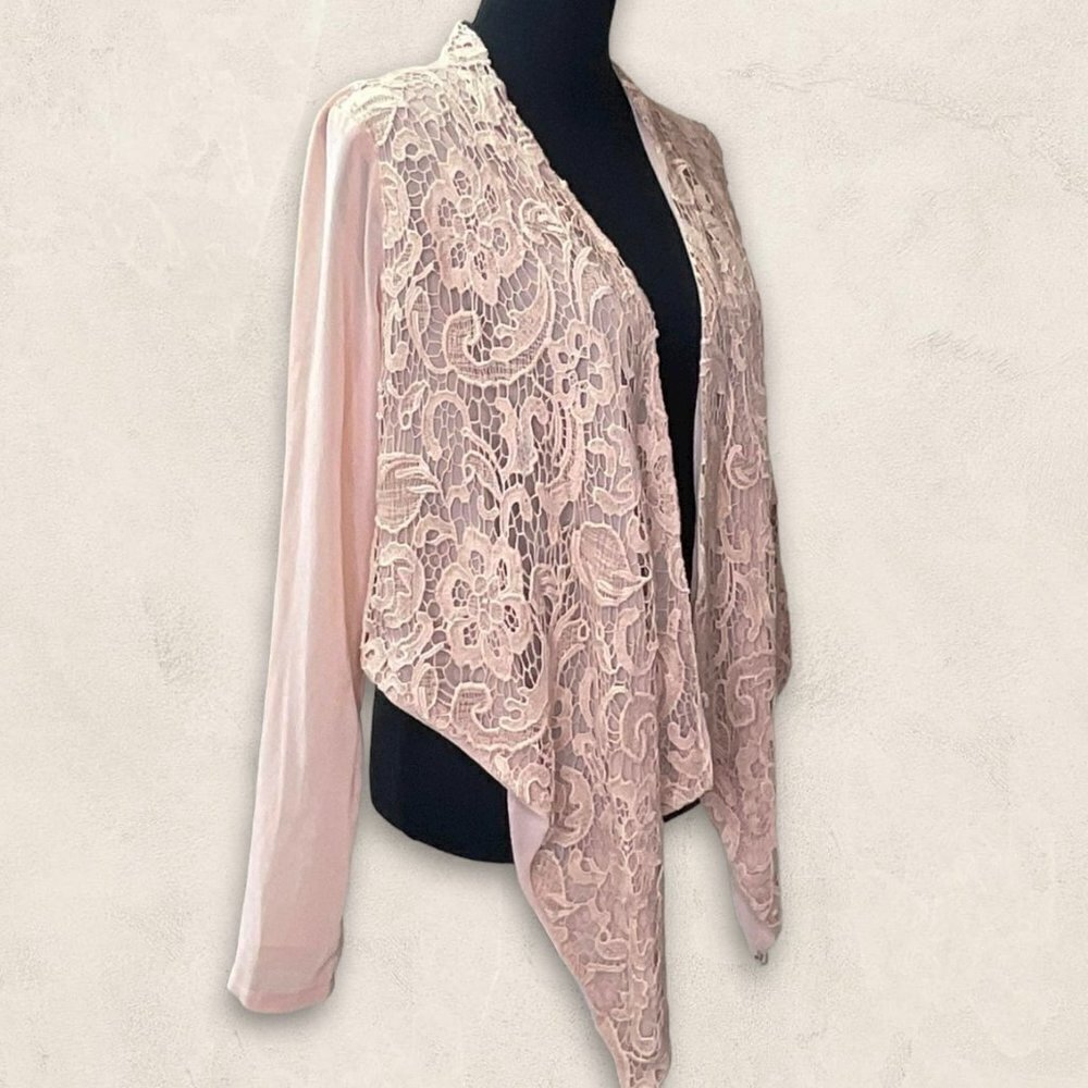 HAZEL Hazel Crochet Lace Front Half Jacket Chiffon Cardigan Long Sleeve Size M - Picture 2 of 8